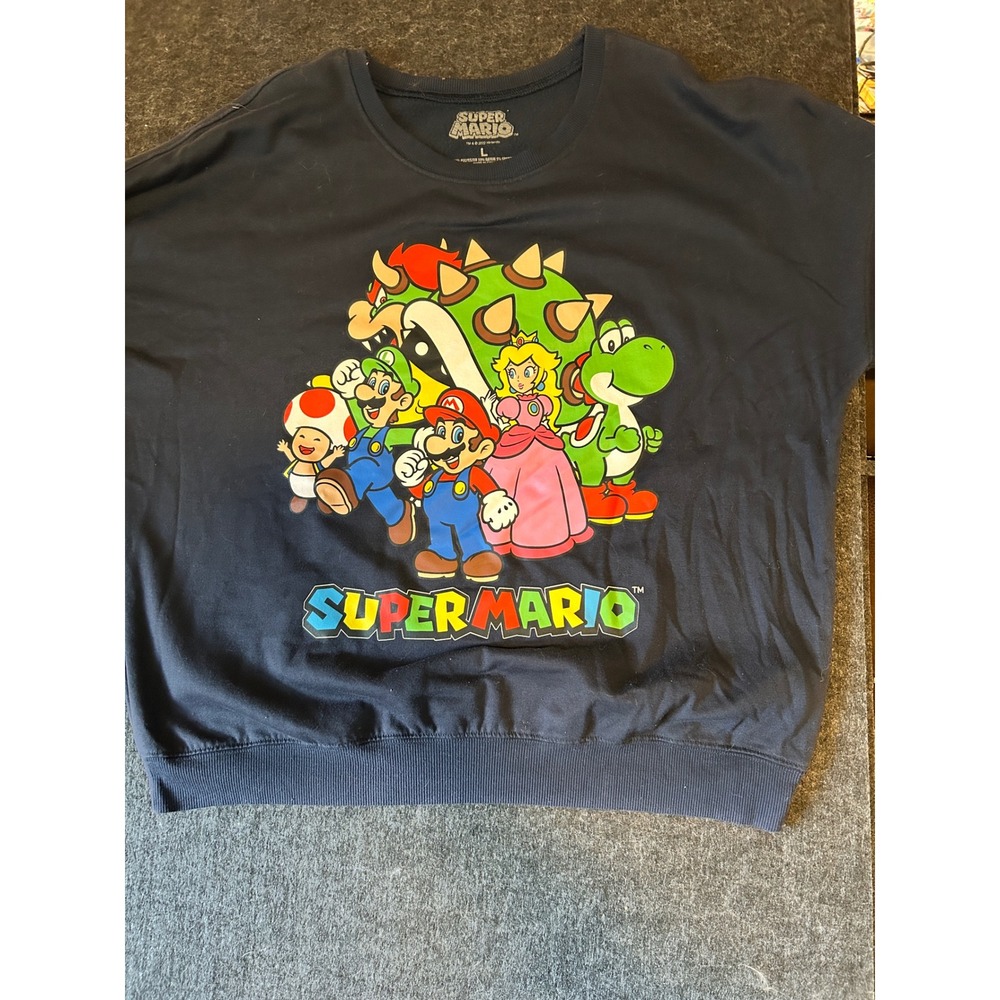 Nintendo Super Mario Crewneck Sweatshirt Navy Blue Graphic‎ Pullover Large L